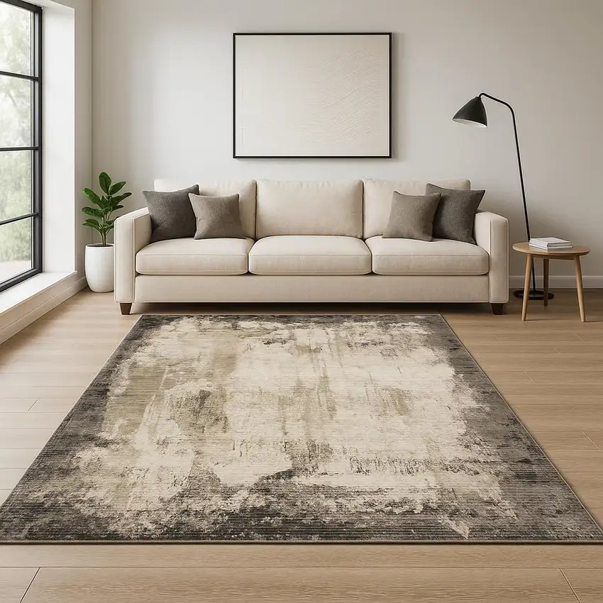 Grey Ivory Charcoal Tan Black And Beige Abstract Power Loom Stain Resistant Area Rug Photo 1