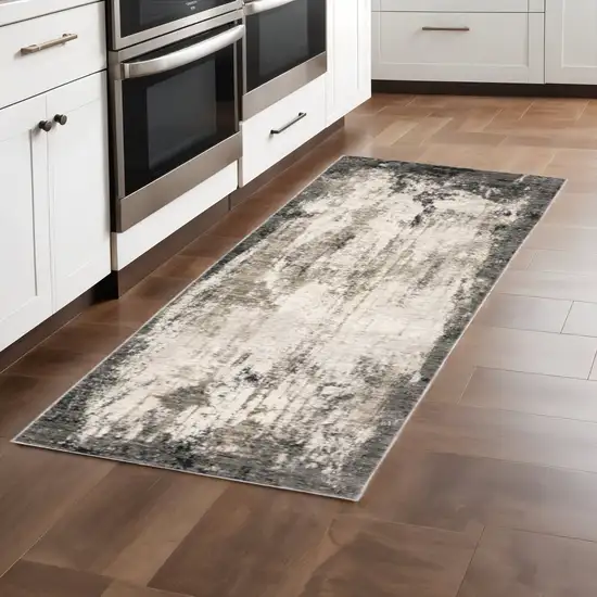 2' X 8' Grey Ivory Charcoal Tan Black And Beige Abstract Power Loom Stain Resistant Runner Rug Photo 1