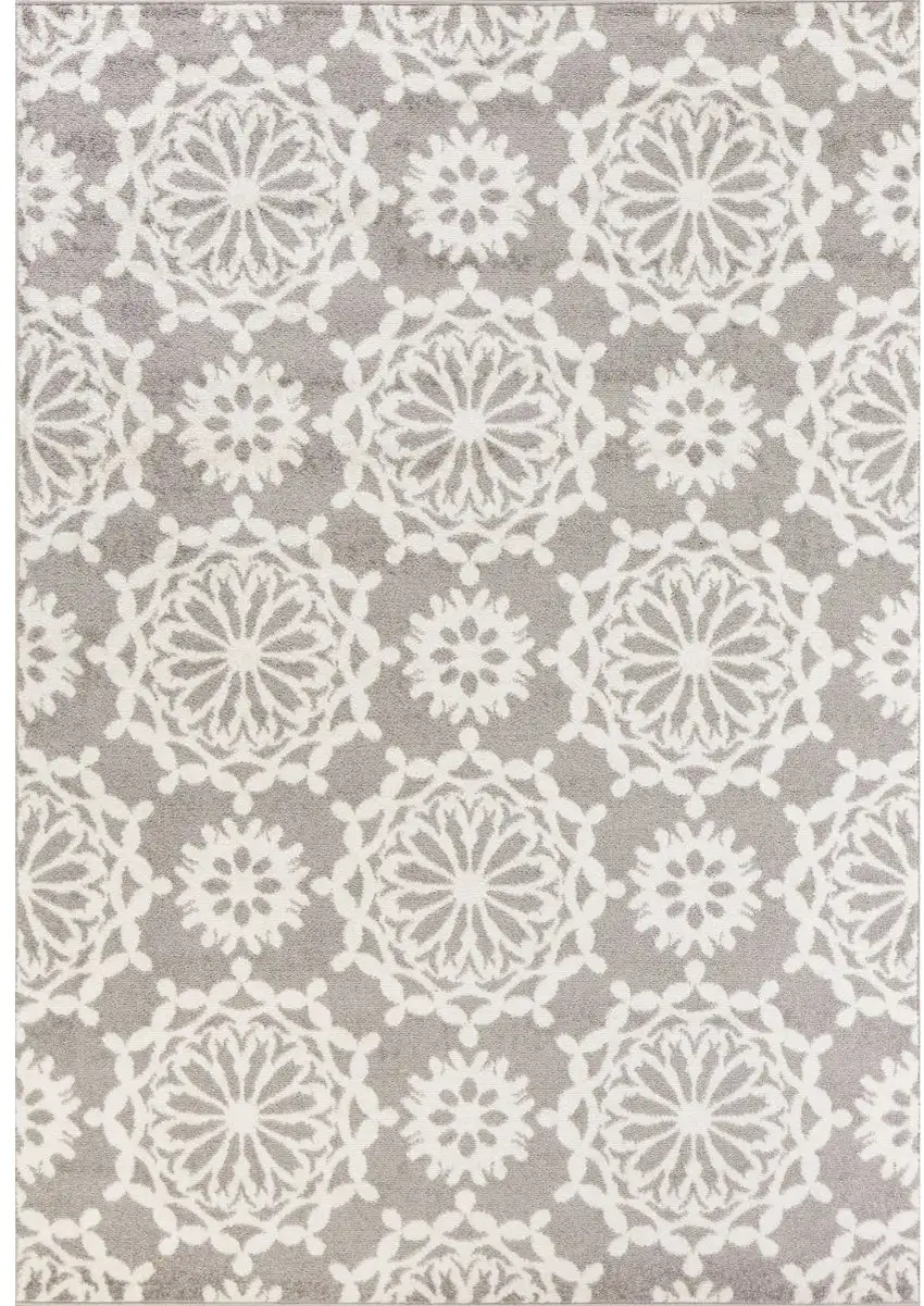 Grey Ivory Floral Machine Woven Polypropylene Area Rug Photo 1