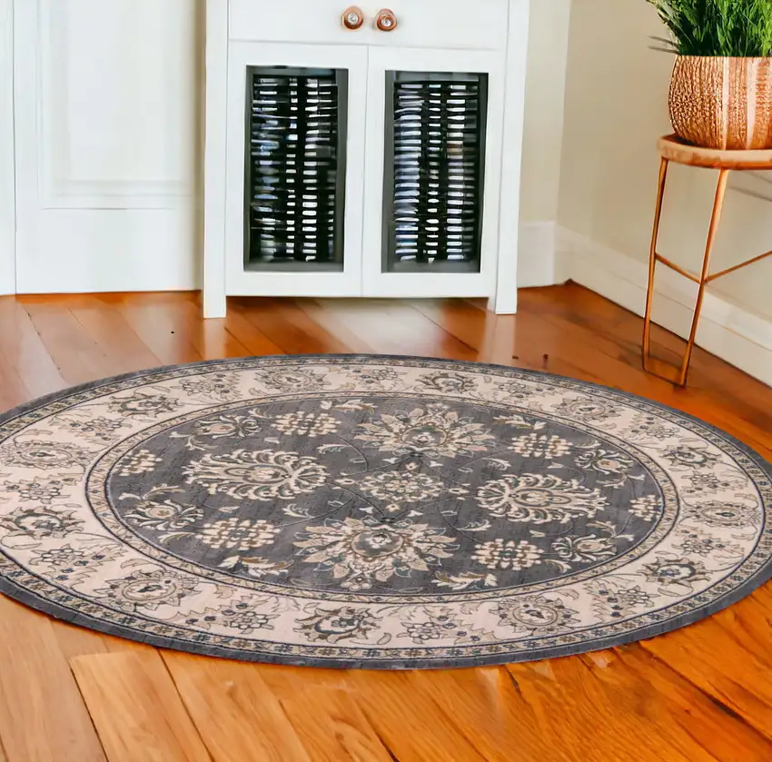 8' Gray And Ivory Round Floral Area Rug Photo 1