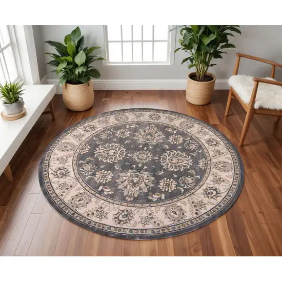 8' Gray And Ivory Floral Medallion Round Rug Photo 1