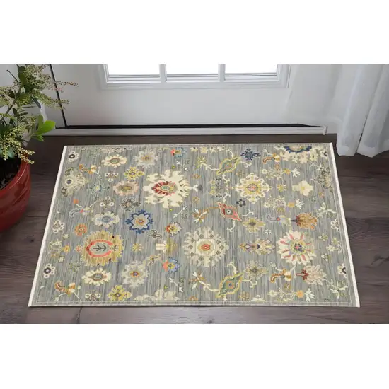 Grey Ivory Gold Salmon Red Blue And Green Oriental Power Loom Stain Resistant Area Rug With Fringe Photo 1