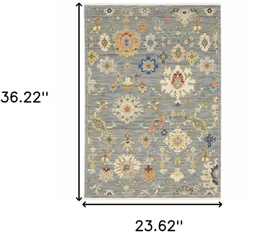Grey Ivory Gold Salmon Red Blue And Green Oriental Power Loom Stain Resistant Area Rug With Fringe Photo 9