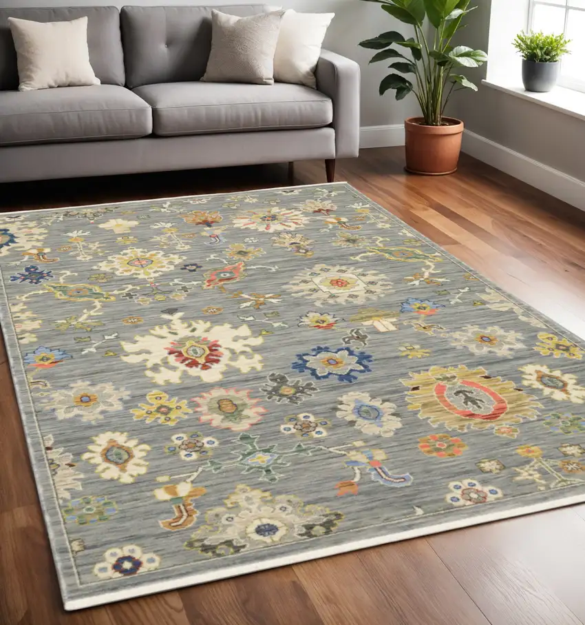Gray and Ivory Oriental Power Loom Area Rug With Fringe Photo 1