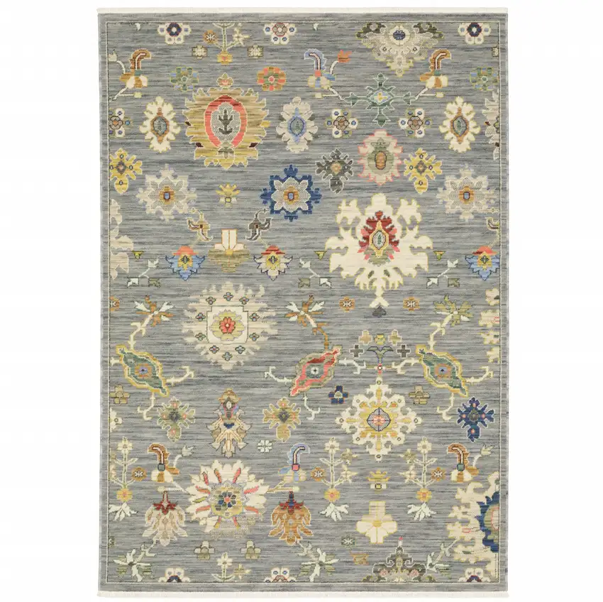Grey Ivory Gold Salmon Red Blue And Green Oriental Power Loom Stain Resistant Area Rug With Fringe Photo 1