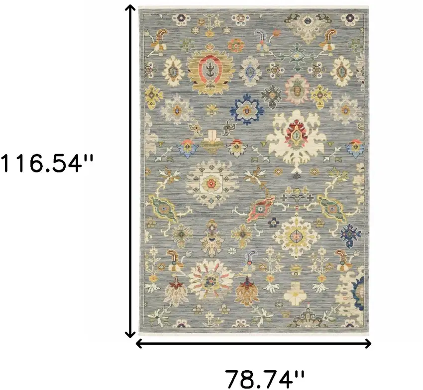 Grey Ivory Gold Salmon Red Blue And Green Oriental Power Loom Stain Resistant Area Rug With Fringe Photo 9