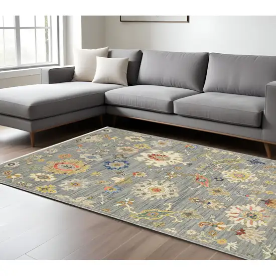 Gray Ivory And Blue Oriental Area Rug With Fringe Photo 1