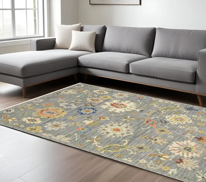 Gray Ivory And Blue Oriental Area Rug With Fringe Photo 1