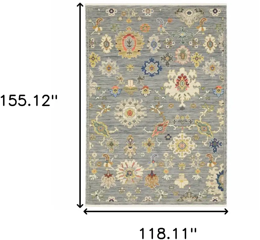 Grey Ivory Gold Salmon Red Blue And Green Oriental Power Loom Stain Resistant Area Rug With Fringe Photo 9