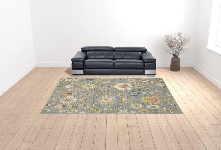 Grey Ivory Gold Salmon Red Blue And Green Oriental Power Loom Stain Resistant Area Rug With Fringe Photo 3
