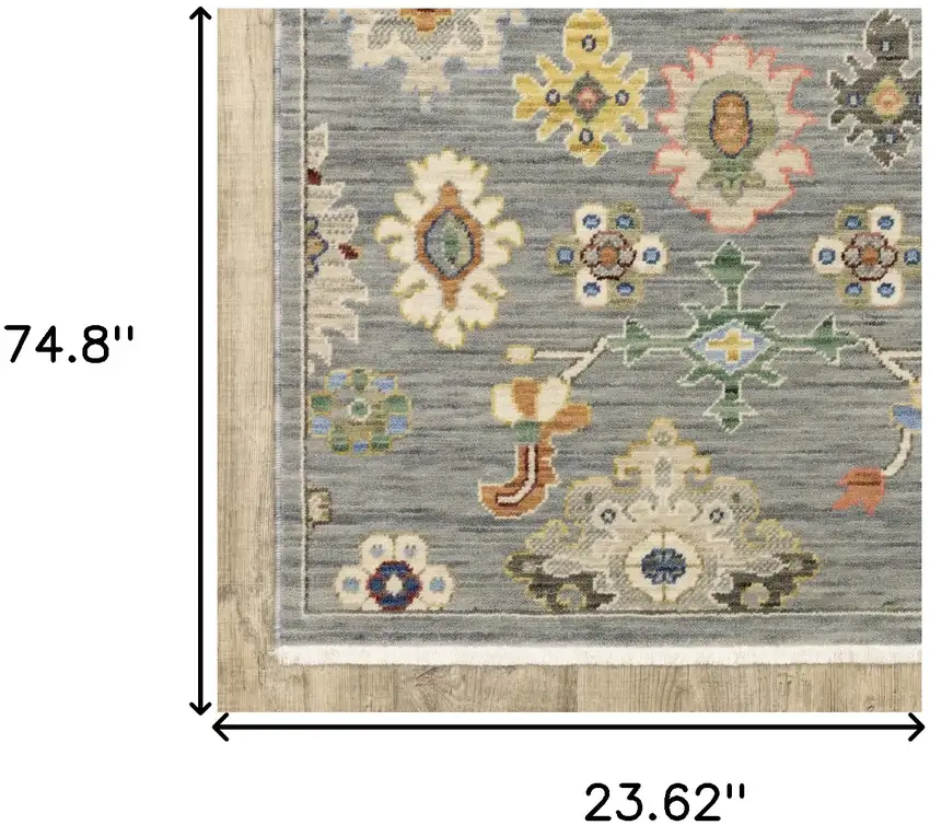 Grey Ivory Gold Salmon Red Blue And Green Oriental Power Loom Stain Resistant Runner Rug With Fringe Photo 8
