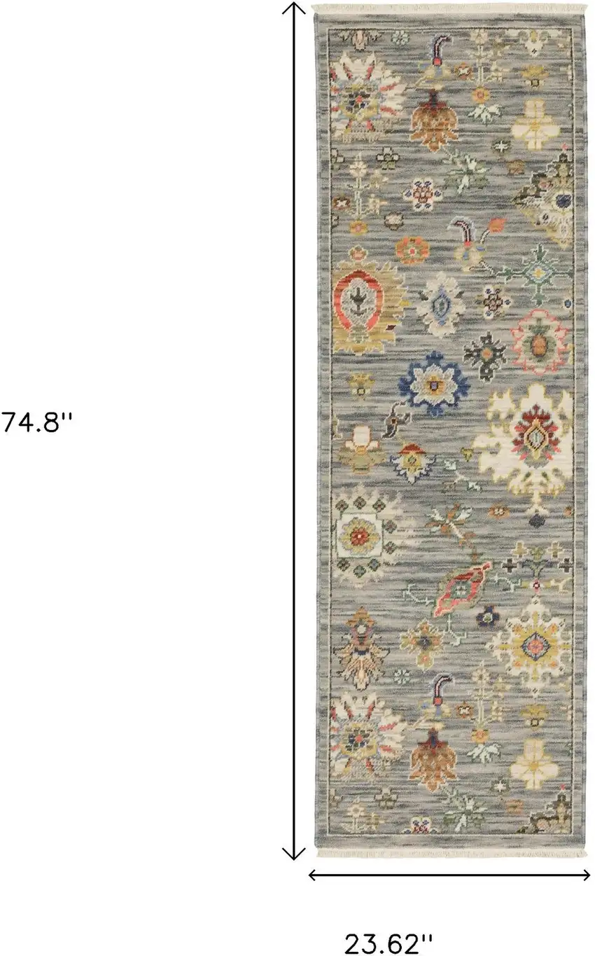 2' X 6' Grey Ivory Gold Salmon Red Blue And Green Oriental Power Loom Stain Resistant Runner Rug With Fringe Photo 3