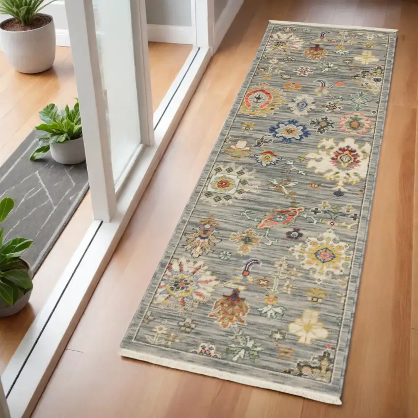 2' X 6' Grey Ivory Gold Salmon Red Blue And Green Oriental Power Loom Stain Resistant Runner Rug With Fringe Photo 1