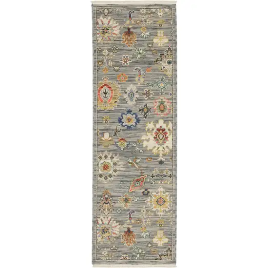 2' X 6' Grey Ivory Gold Salmon Red Blue And Green Oriental Power Loom Stain Resistant Runner Rug With Fringe Photo 2