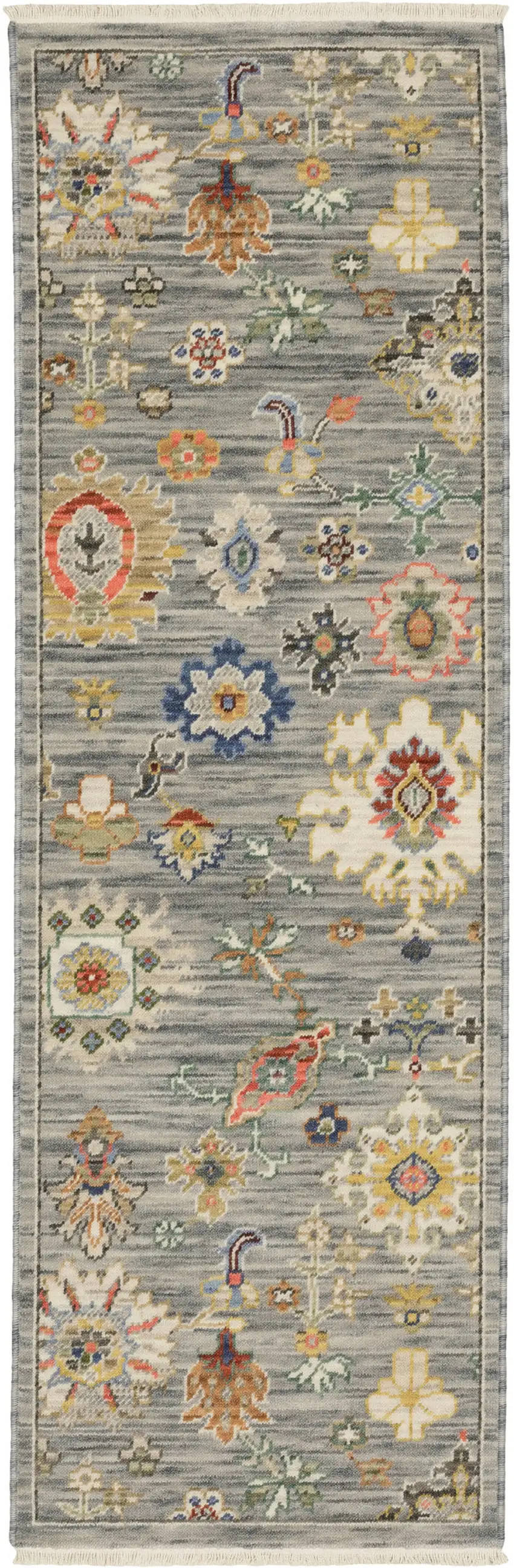 2' X 6' Grey Ivory Gold Salmon Red Blue And Green Oriental Power Loom Stain Resistant Runner Rug With Fringe Photo 2