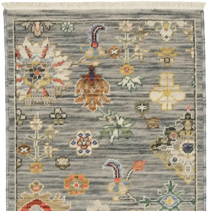 2' X 6' Grey Ivory Gold Salmon Red Blue And Green Oriental Power Loom Stain Resistant Runner Rug With Fringe Photo 5