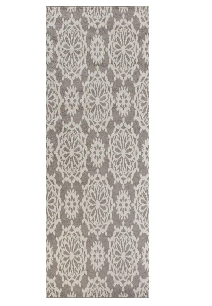 Grey Ivory Machine Woven Floral Indoor Runner Rug Photo 1