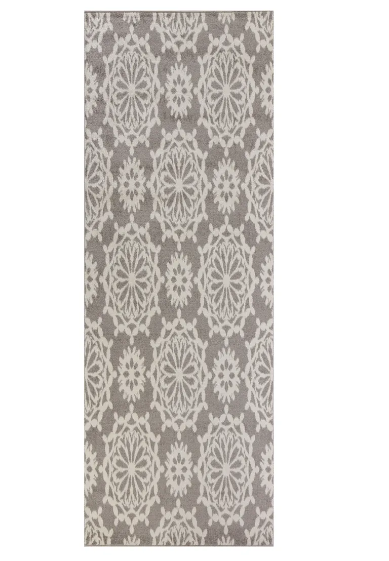 Grey Ivory Machine Woven Floral Indoor Runner Rug Photo 1