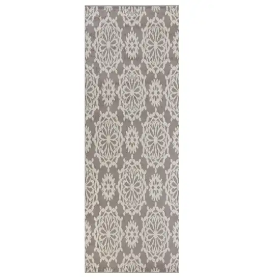 Grey Ivory Machine Woven Floral Indoor Runner Rug Photo 1