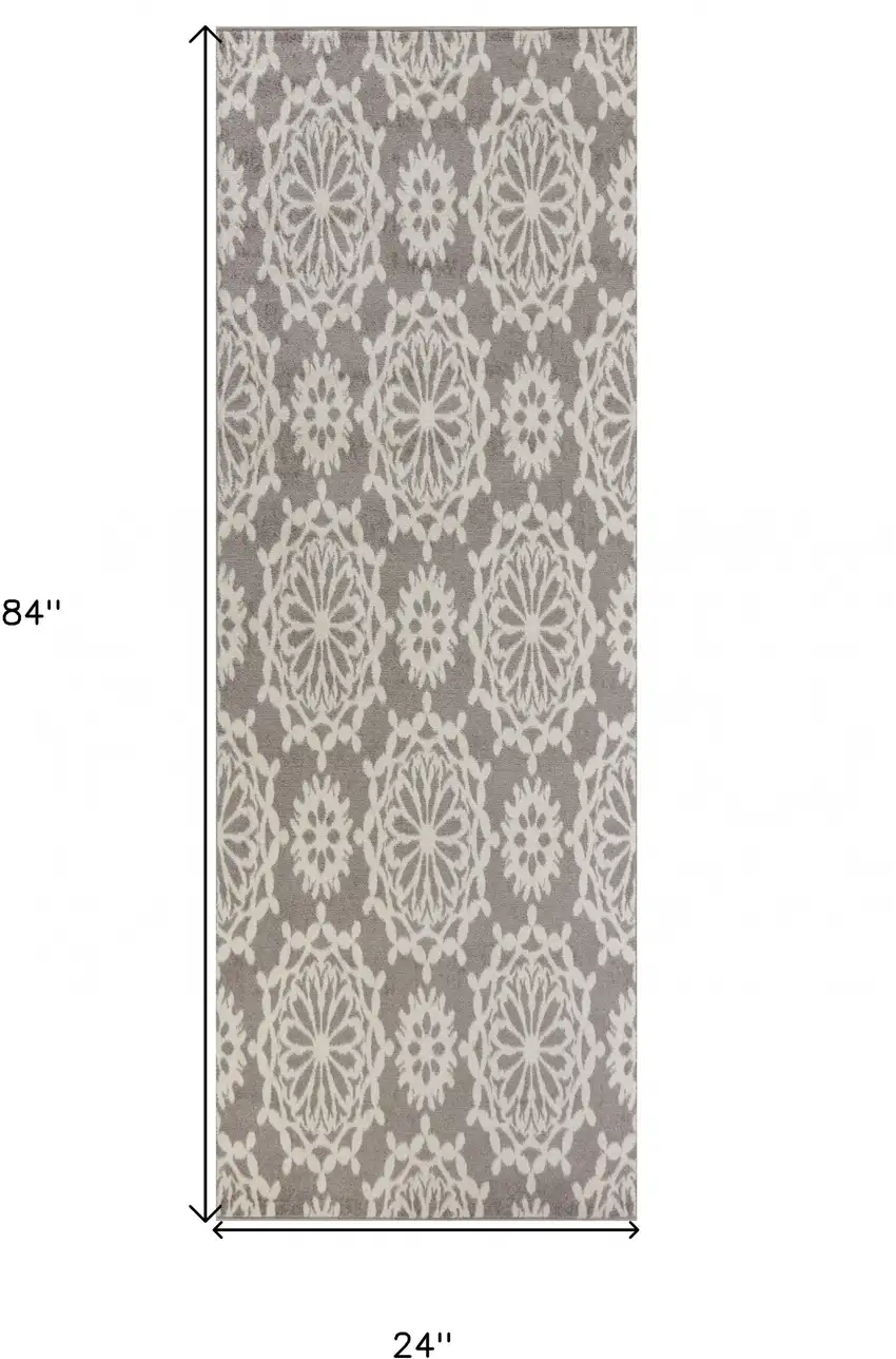 7' Runner Gray and Ivory Floral Runner Rug Photo 4