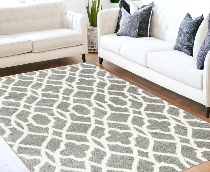Grey Ivory Machine Woven Ogee Indoor Area Rug Photo 1