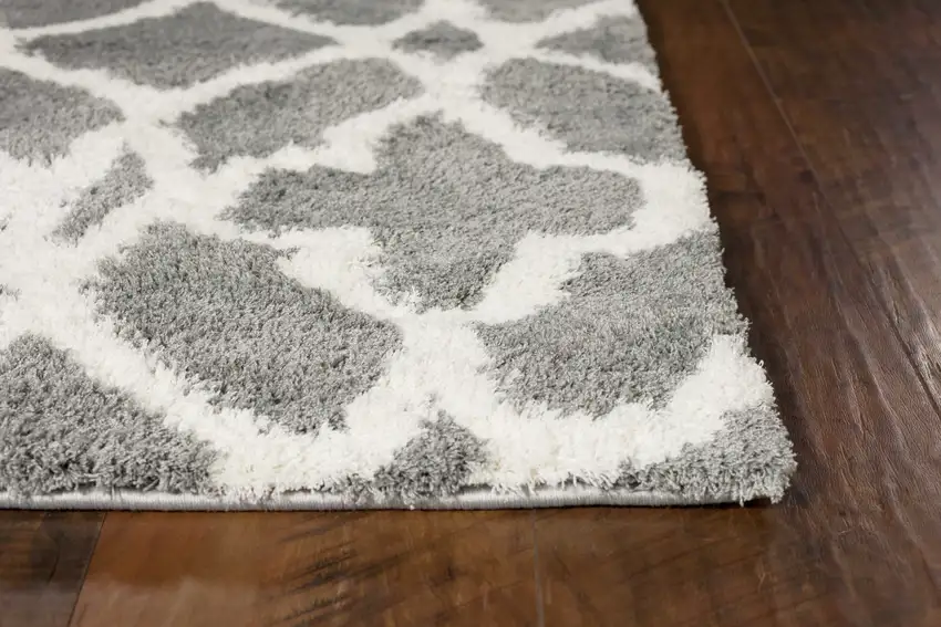 Grey Ivory Machine Woven Ogee Indoor Shag Area Rug Photo 4