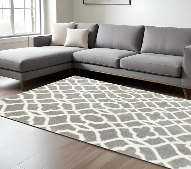 Grey Ivory Machine Woven Ogee Indoor Shag Area Rug Photo 2