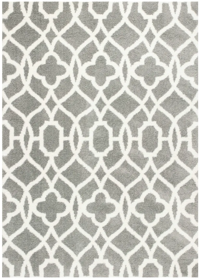 Grey Ivory Machine Woven Ogee Indoor Shag Area Rug Photo 1