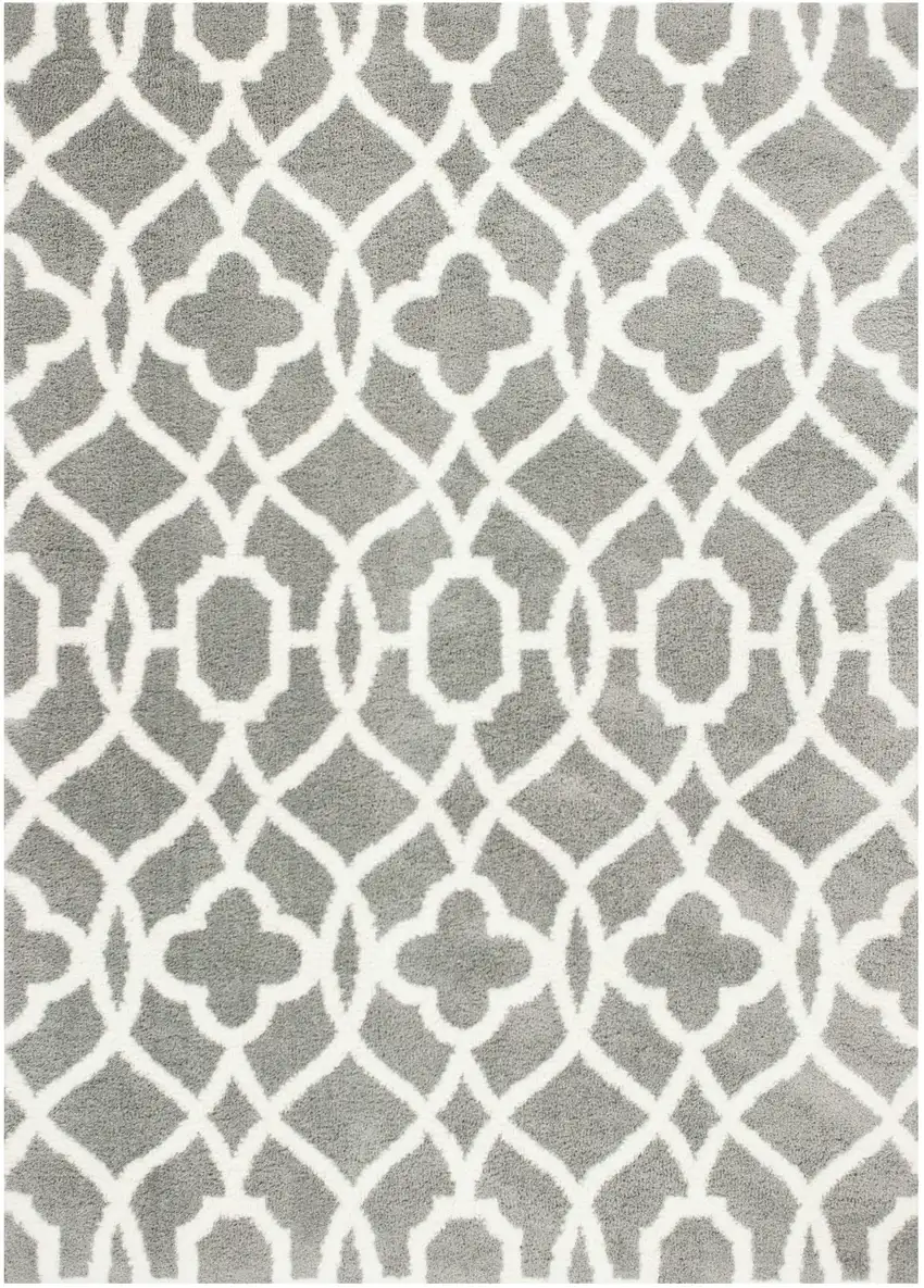 Grey Ivory Machine Woven Ogee Indoor Shag Area Rug Photo 2
