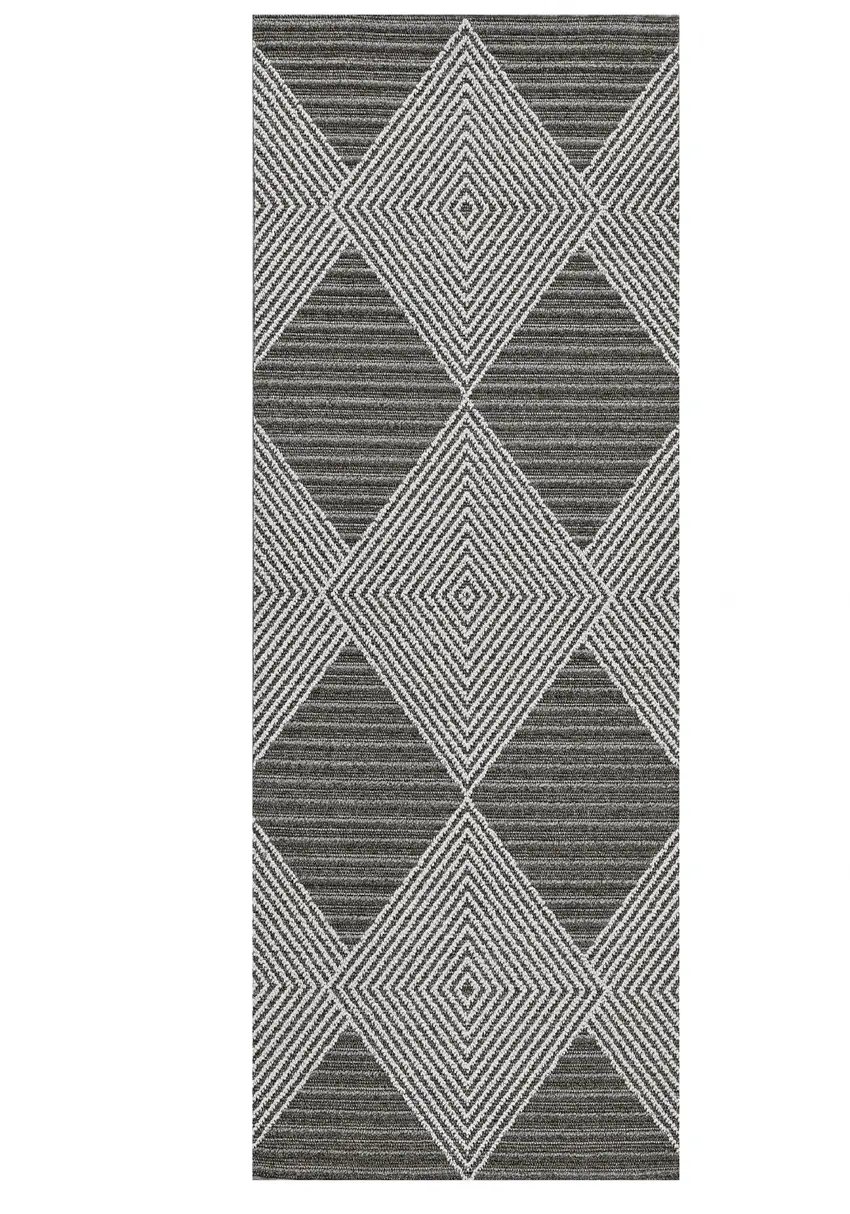 8' Grey Ivory Machine Woven Uv Treated Diamonds Indoor Outdoor Runner Rug Photo 2