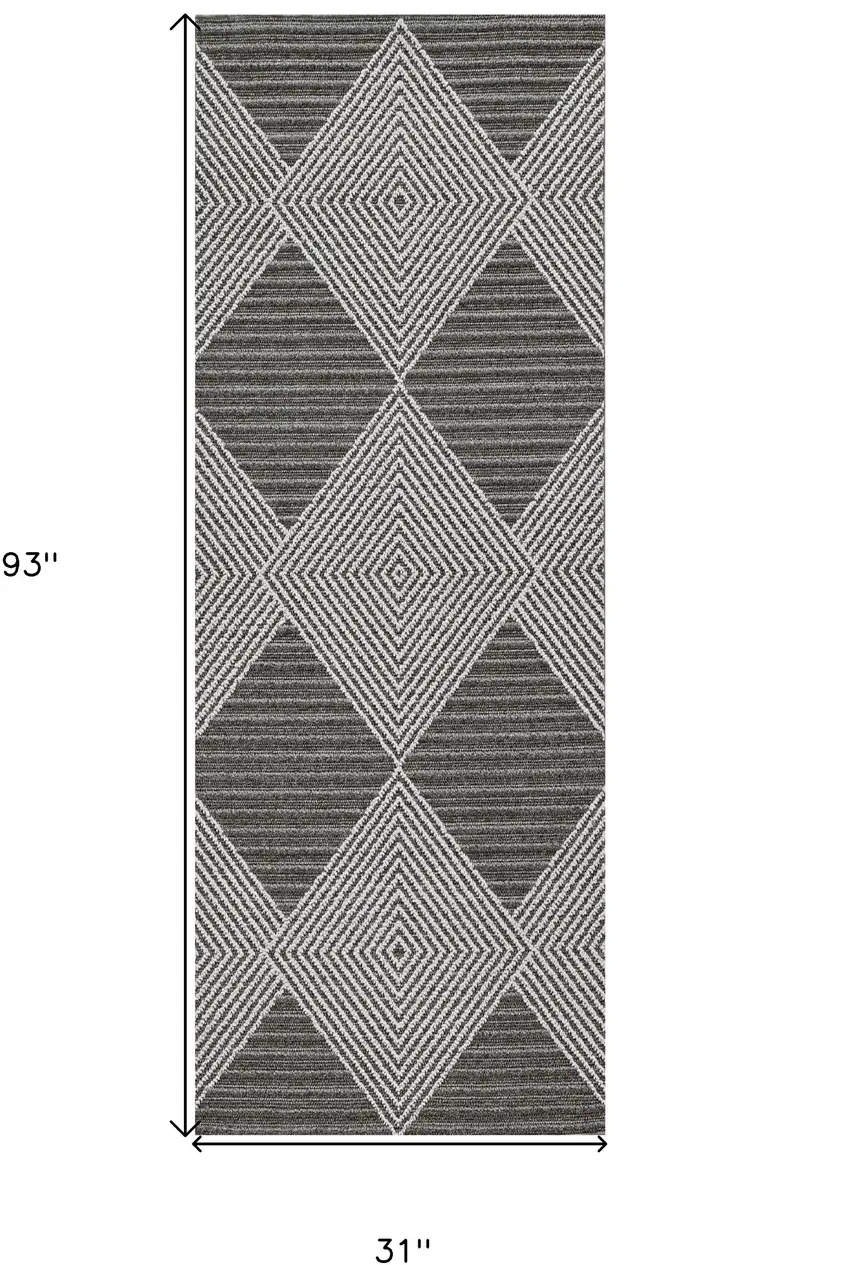 8' Grey Ivory Machine Woven Uv Treated Diamonds Indoor Outdoor Runner Rug Photo 4