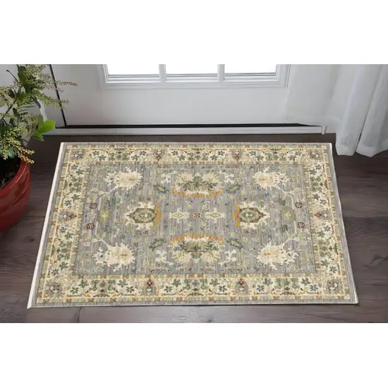 Grey Ivory Orange Teal Green Charcoal Blue And Red Oriental Power Loom Stain Resistant Area Rug With Fringe Photo 1