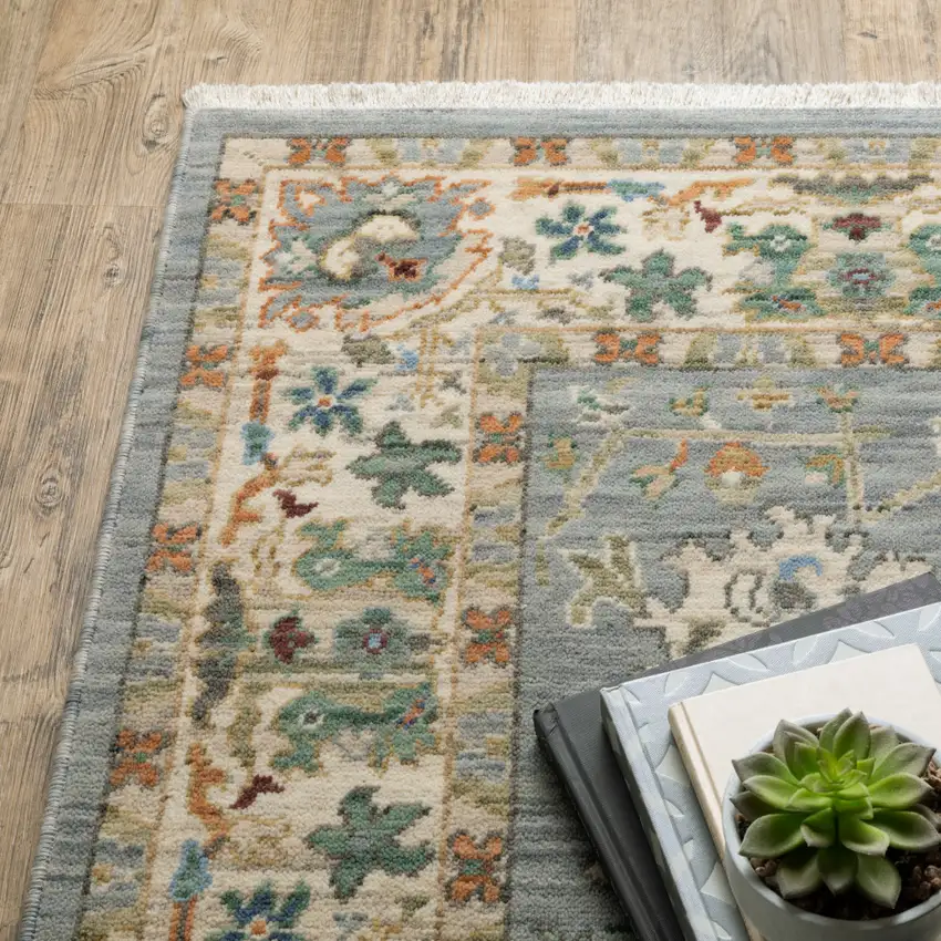 Grey Ivory Orange Teal Green Charcoal Blue And Red Oriental Power Loom Stain Resistant Area Rug With Fringe Photo 6