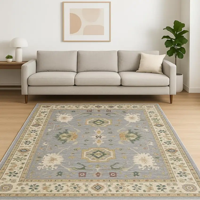 Grey Ivory Orange Teal Green Charcoal Blue And Red Oriental Power Loom Stain Resistant Area Rug With Fringe Photo 1