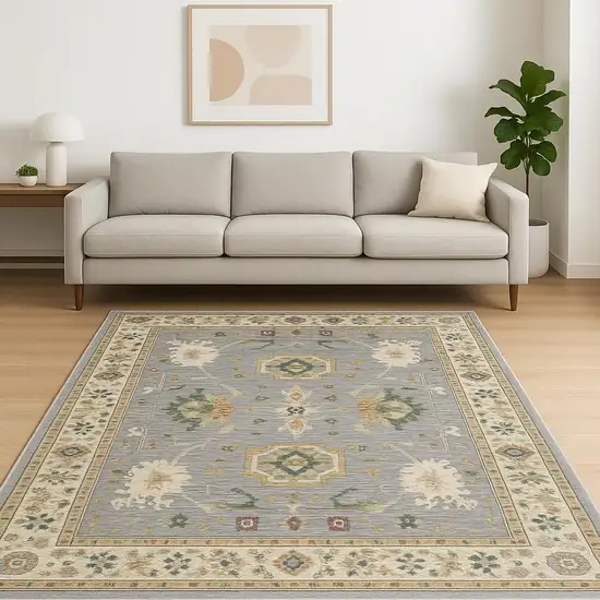 Grey Ivory Orange Teal Green Charcoal Blue And Red Oriental Power Loom Stain Resistant Area Rug With Fringe Photo 1