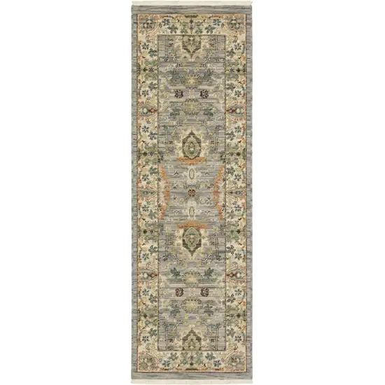 2' X 6' Grey Ivory Orange Teal Green Charcoal Blue And Red Oriental Power Loom Stain Resistant Runner Rug With Fringe Photo 2