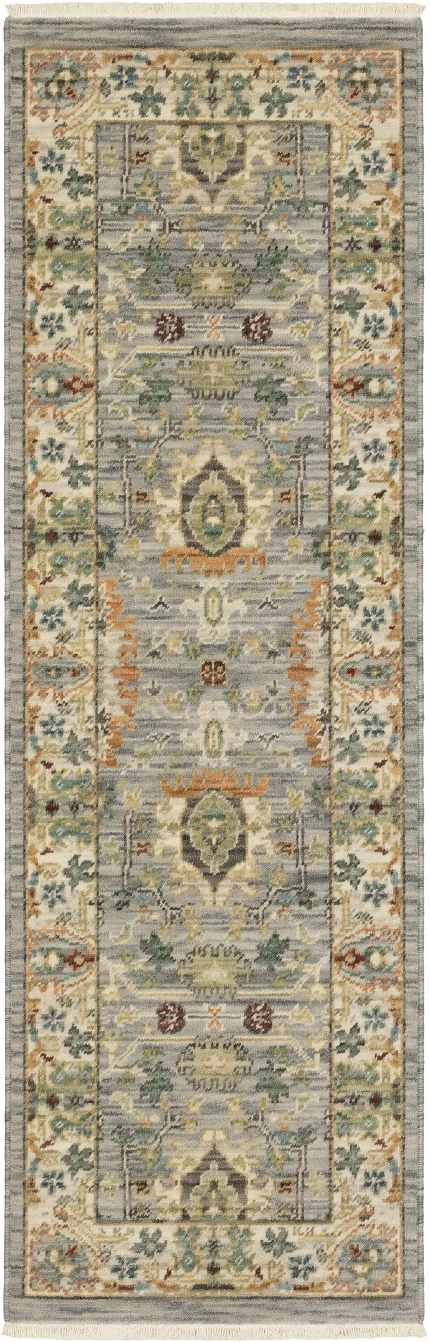 2' X 6' Grey Ivory Orange Teal Green Charcoal Blue And Red Oriental Power Loom Stain Resistant Runner Rug With Fringe Photo 2