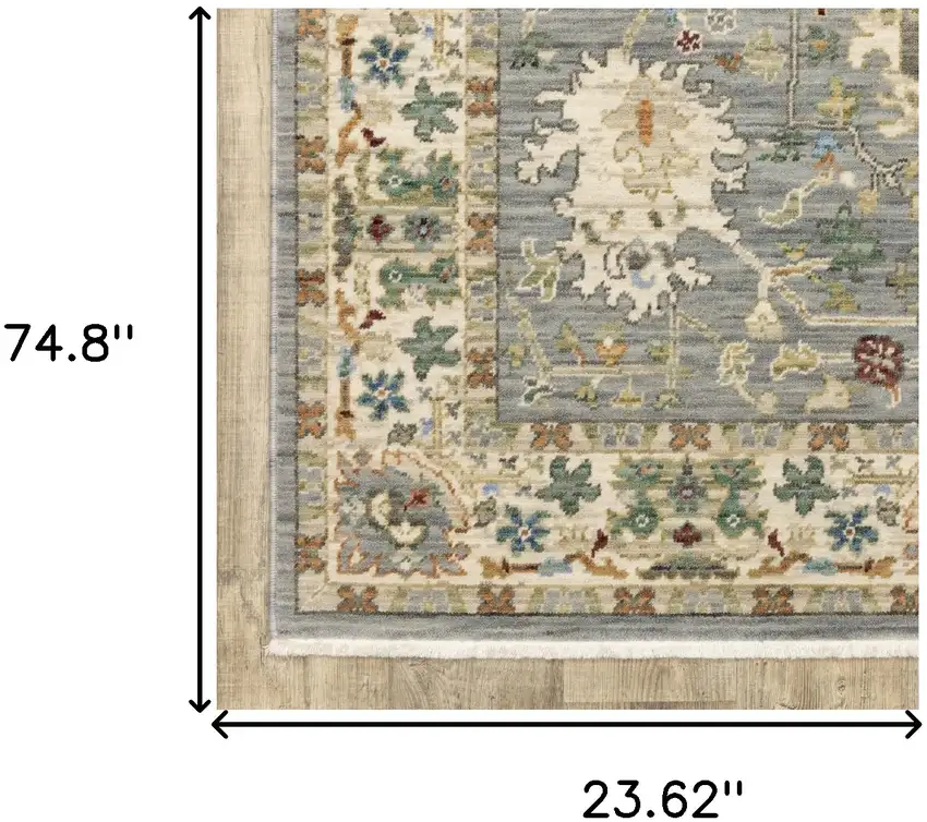 Grey Ivory Orange Teal Green Charcoal Blue And Red Oriental Power Loom Stain Resistant Runner Rug With Fringe Photo 10
