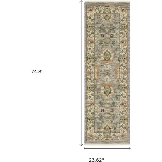 2' X 6' Grey Ivory Orange Teal Green Charcoal Blue And Red Oriental Power Loom Stain Resistant Runner Rug With Fringe Photo 3