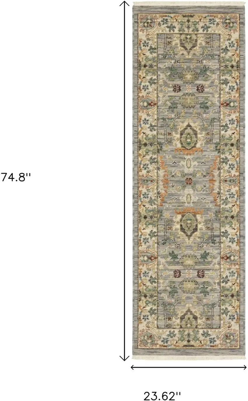 2' X 6' Grey Ivory Orange Teal Green Charcoal Blue And Red Oriental Power Loom Stain Resistant Runner Rug With Fringe Photo 3