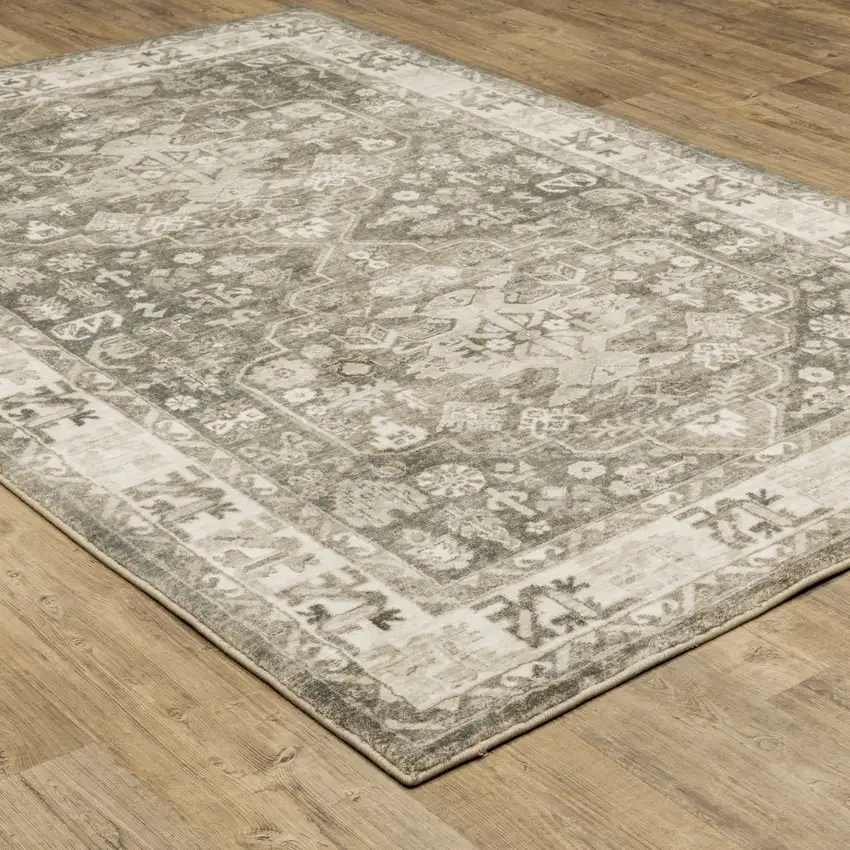 Grey Ivory Tan And Beige Oriental Power Loom Stain Resistant Area Rug Photo 7