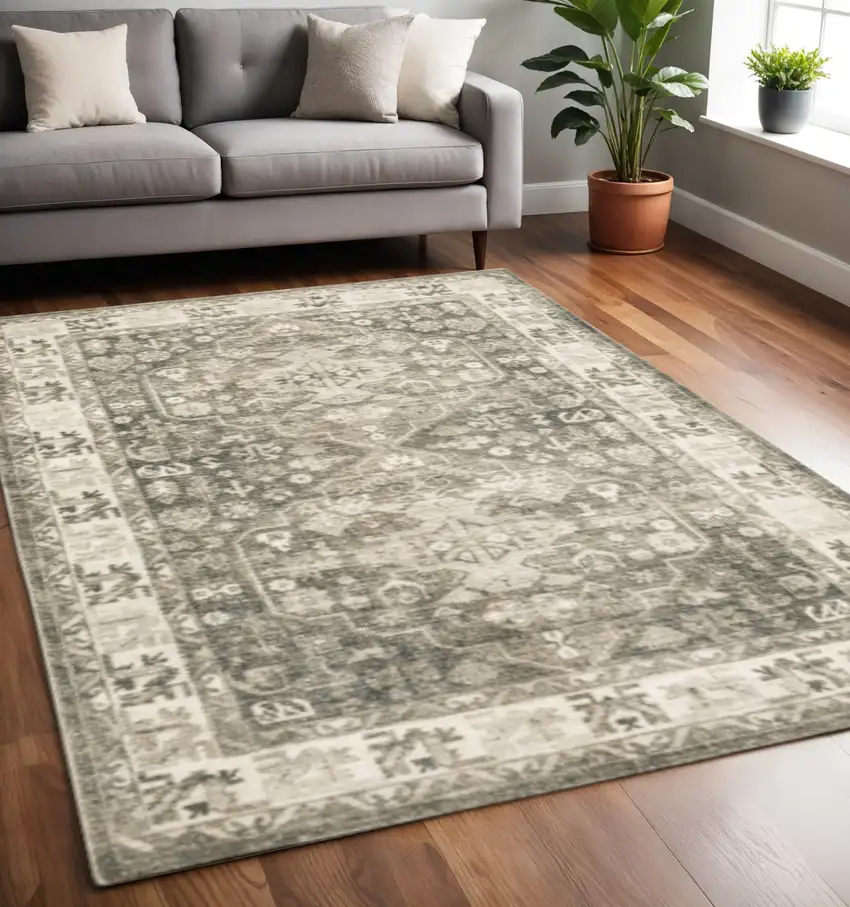 Grey Ivory Tan And Beige Oriental Power Loom Stain Resistant Area Rug Photo 1