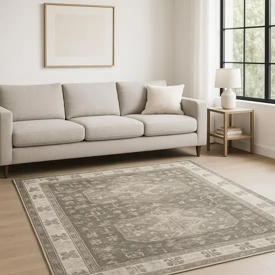 Grey Ivory Tan And Beige Oriental Power Loom Stain Resistant Area Rug Photo 1