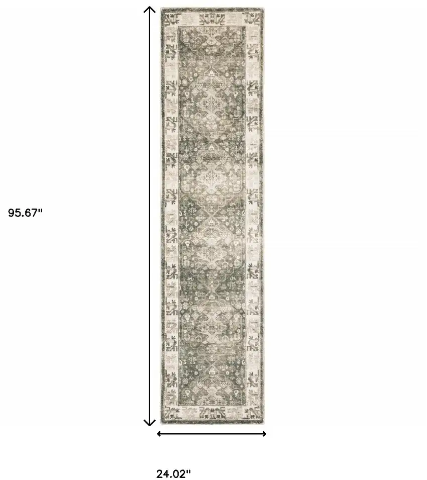 8' Gray and Ivory Oriental Power Loom Runner Rug Photo 3