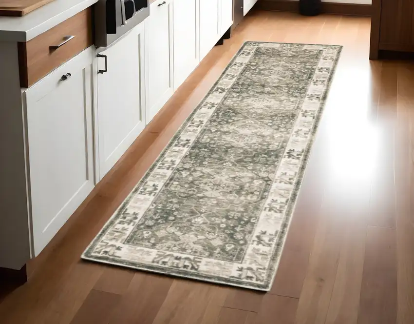 8' Gray and Ivory Oriental Power Loom Runner Rug Photo 1