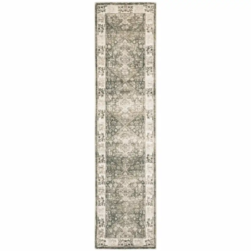 Grey Ivory Tan And Beige Oriental Power Loom Stain Resistant Runner Rug Photo 1