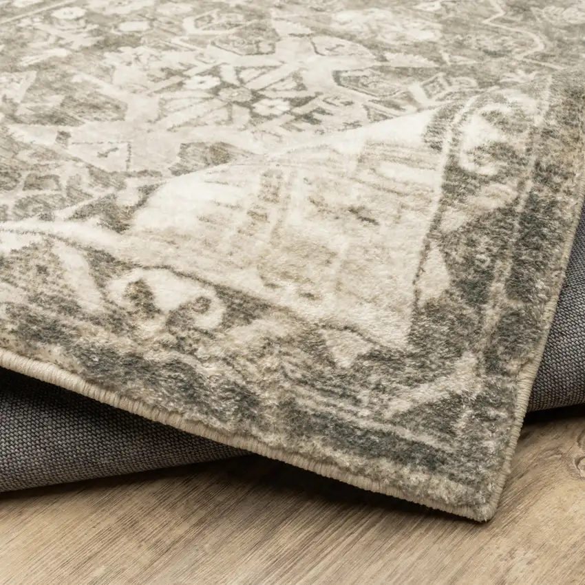 8' Gray and Ivory Oriental Power Loom Runner Rug Photo 9