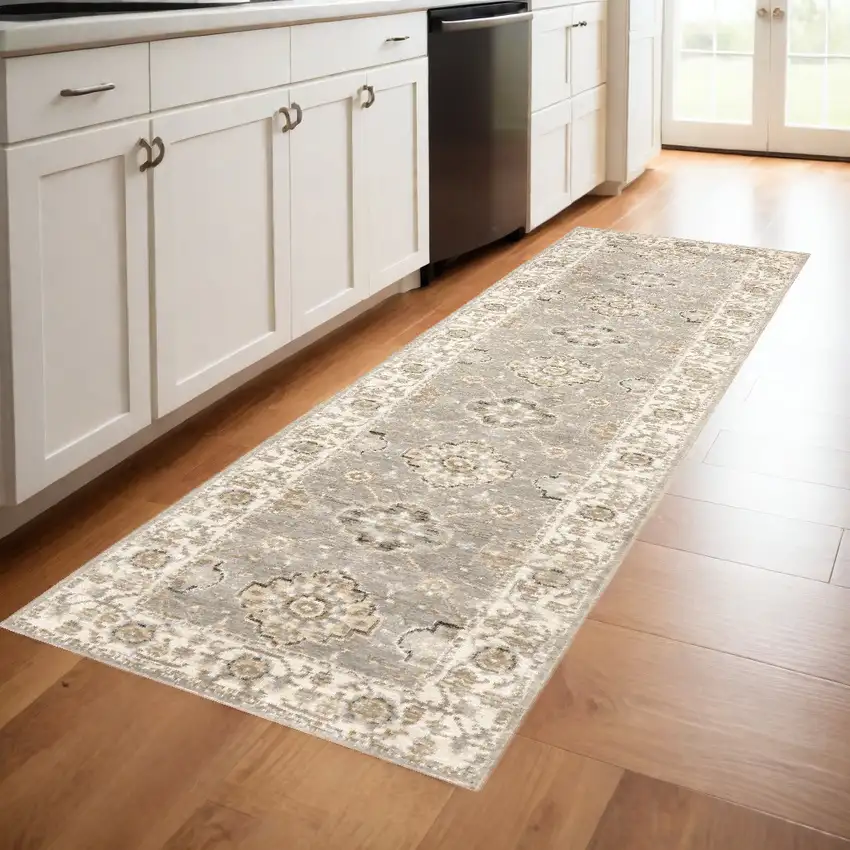Gray and Ivory Oriental Power Loom Runner Rug Photo 1