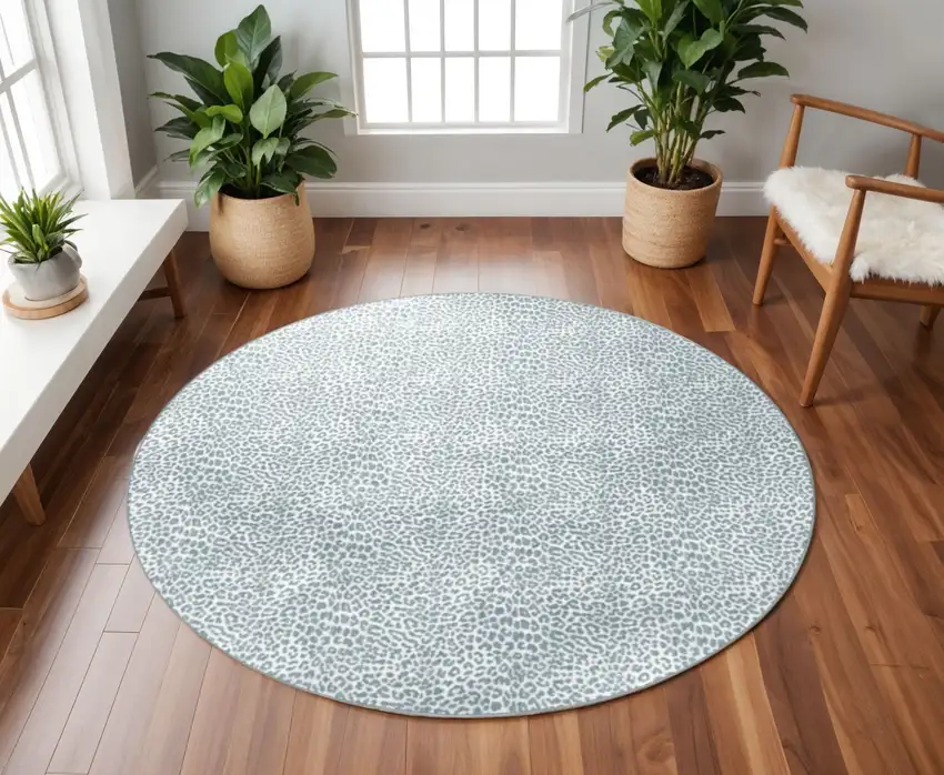 8' X 8' Grey Leopard Print Round Shag Handmade Non Skid Area Rug Photo 1