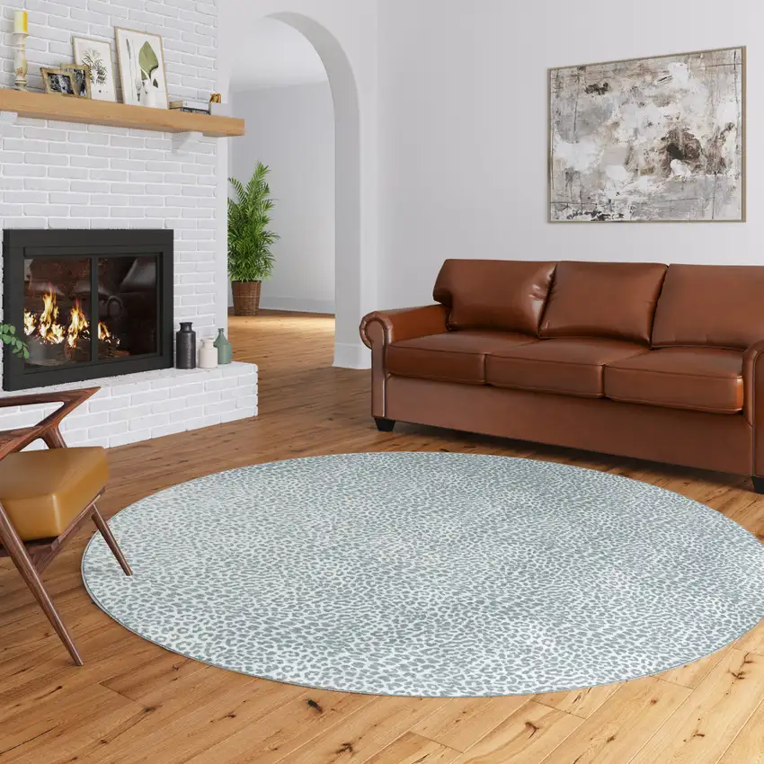 Grey Leopard Print Round Shag Handmade Non Skid Area Rug Photo 1